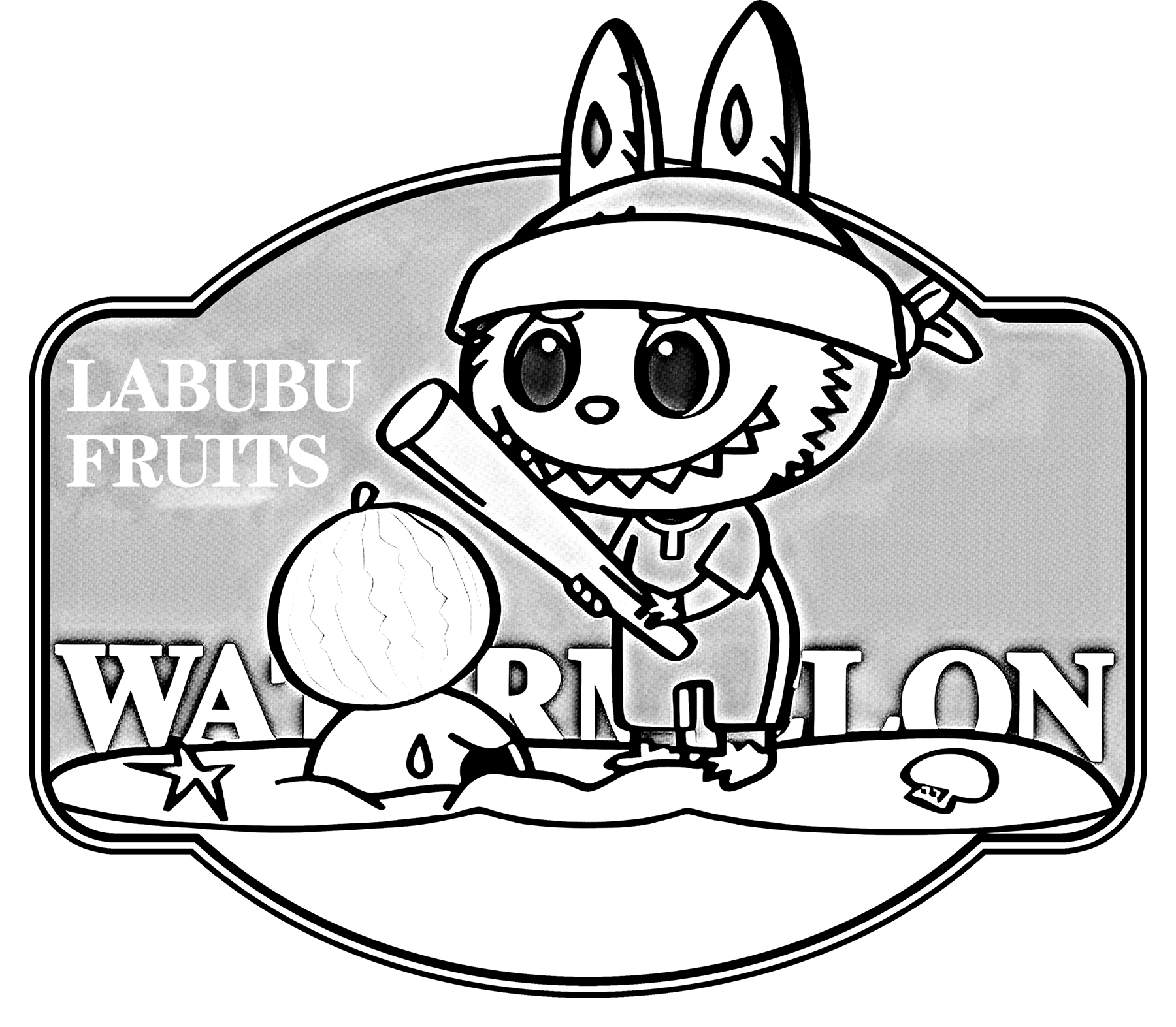 Labubu with watermelon framed design, line art for coloring